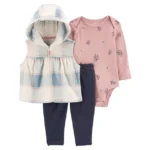 Conjunto Bebê Carter's 3 Peças – Colete Xadrez com Capuz