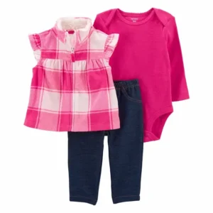 Conjunto Bebê Carter's 3 Peças - Colete Xadrez  Rosa