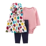 Conjunto de Bebê Carter's 3 Peças – Colete Floral e Poá com Capuz